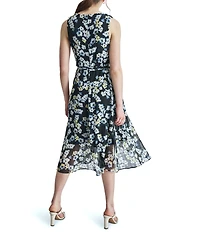 DKNY by Donna Karan Sleeveless Floral Print Wrap Mid Dress