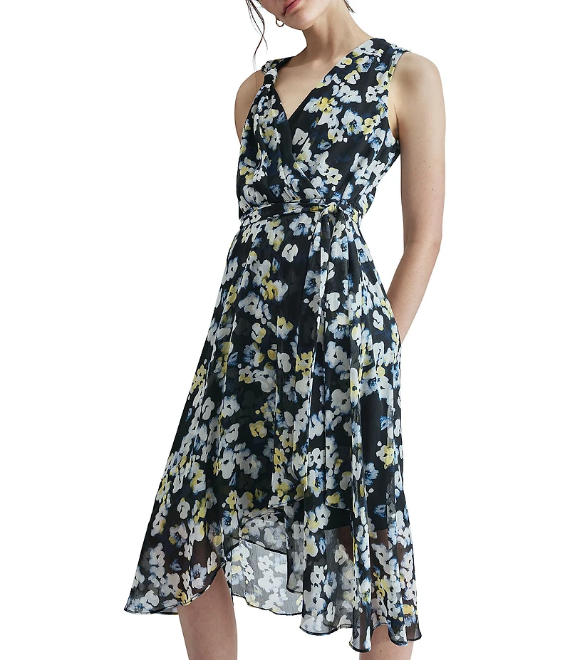 DKNY by Donna Karan Sleeveless Floral Print Wrap Mid Dress