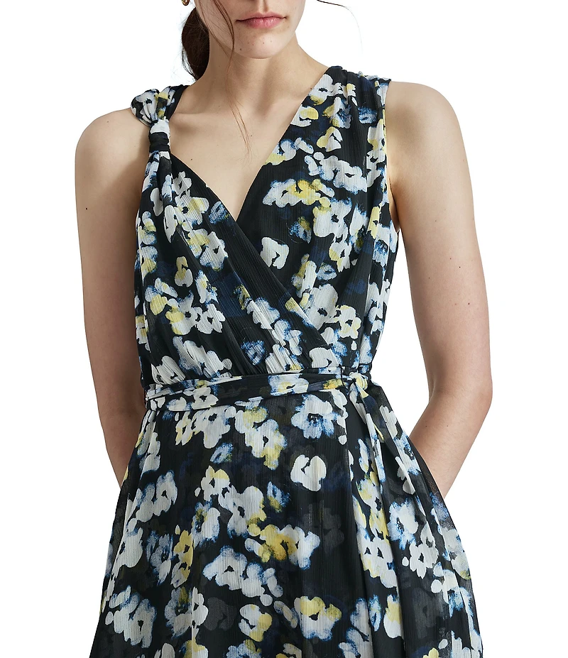 DKNY by Donna Karan Sleeveless Floral Print Wrap Mid Dress