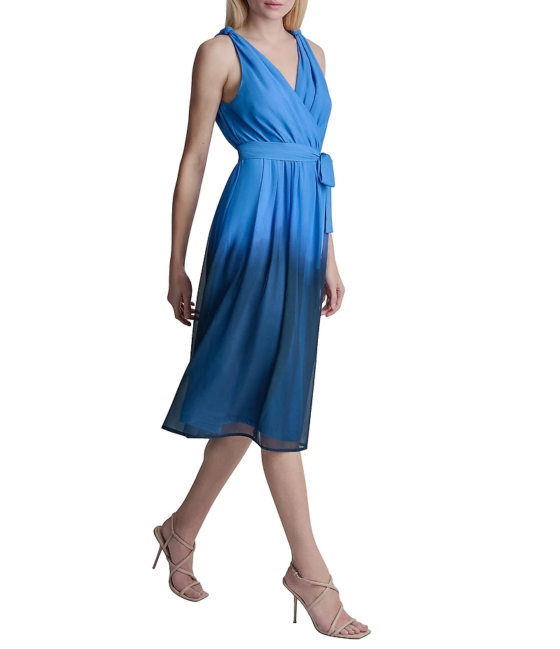 DKNY By Donna Karan Sleeveless Ombre Chiffon Faux Wrap Midi Dress