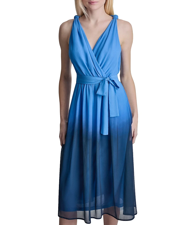 DKNY By Donna Karan Sleeveless Ombre Chiffon Faux Wrap Midi Dress