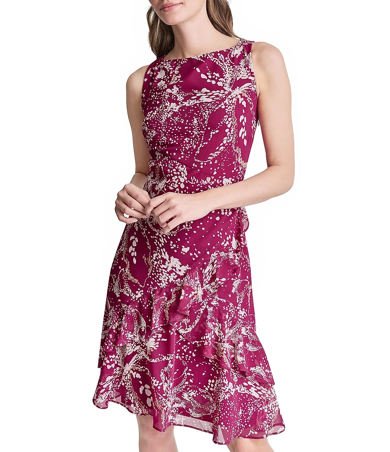 DKNY By Donna Karan Sleeveless Ruffle Hem Knee Length Chiffon Dress