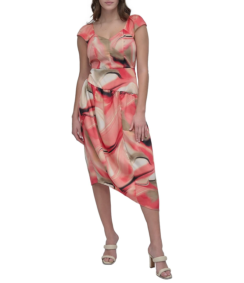 DKNY by Donna Karan Short Sleeve V-Neck Marble Print Satin Midi Dress
