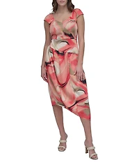 DKNY by Donna Karan Short Sleeve V-Neck Marble Print Satin Midi Dress