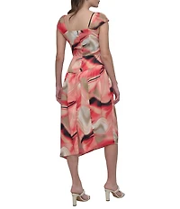 DKNY by Donna Karan Short Sleeve V-Neck Marble Print Satin Midi Dress
