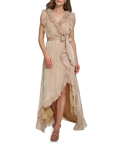 DKNY By Donna Karan Sleeveless V Neck Ruffled Asymmetrical Hem Long Dress