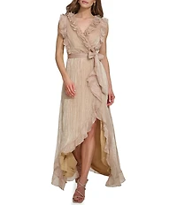 DKNY By Donna Karan Sleeveless V Neck Ruffled Asymmetrical Hem Long Dress