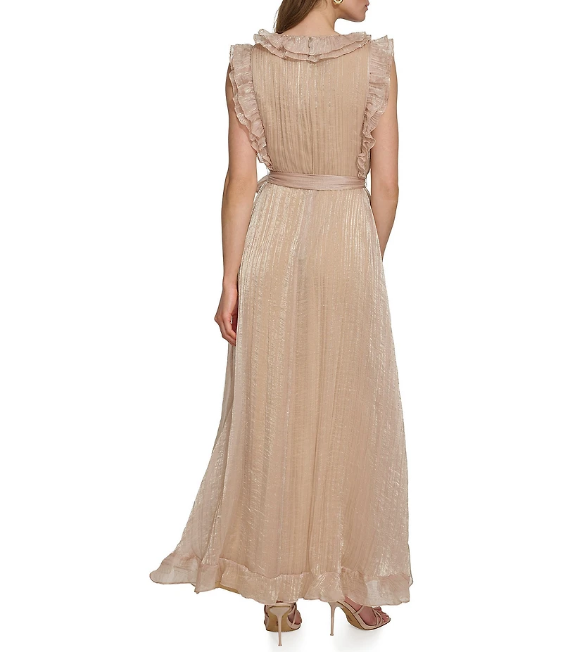 DKNY By Donna Karan Sleeveless V Neck Ruffled Asymmetrical Hem Long Dress