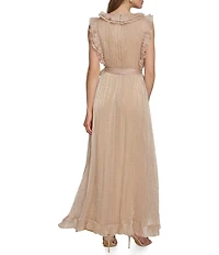 DKNY By Donna Karan Sleeveless V Neck Ruffled Asymmetrical Hem Long Dress