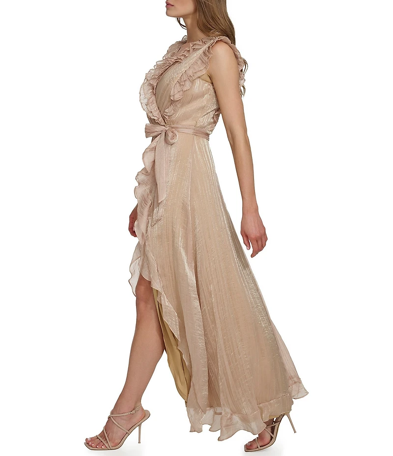 DKNY By Donna Karan Sleeveless V Neck Ruffled Asymmetrical Hem Long Dress