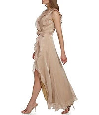 DKNY By Donna Karan Sleeveless V Neck Ruffled Asymmetrical Hem Long Dress