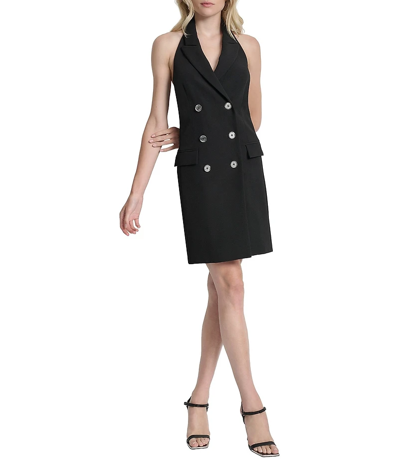 DKNY by Donna Karan Solid Crepe Collared Shawl Sleeveless Double Breasted Sheath Dress