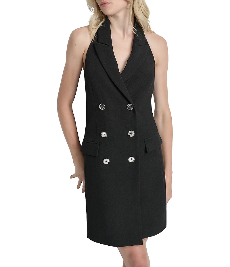 DKNY by Donna Karan Solid Crepe Collared Shawl Sleeveless Double Breasted Sheath Dress