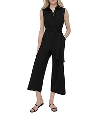DKNY by Donna Karan Solid Scuba Crepe Collar Neck Sleeveless Cargo Jumpsuit