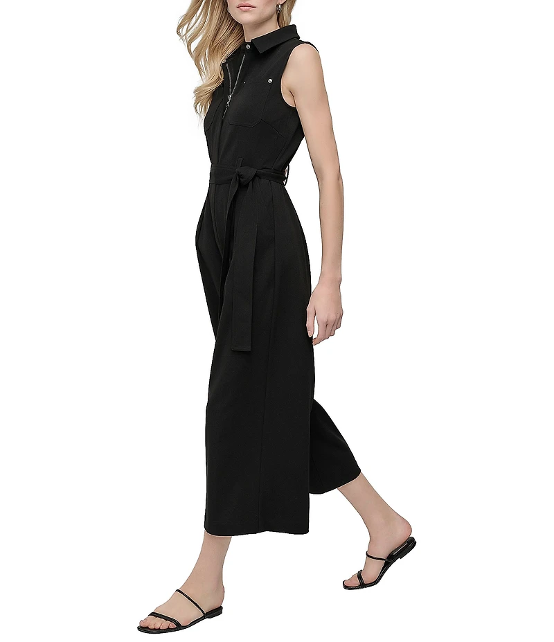 DKNY by Donna Karan Solid Scuba Crepe Collar Neck Sleeveless Cargo Jumpsuit