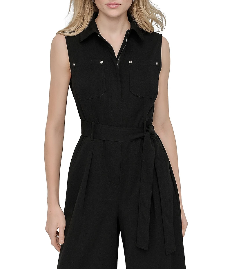 DKNY by Donna Karan Solid Scuba Crepe Collar Neck Sleeveless Cargo Jumpsuit