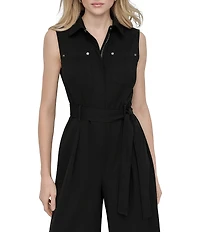 DKNY by Donna Karan Solid Scuba Crepe Collar Neck Sleeveless Cargo Jumpsuit