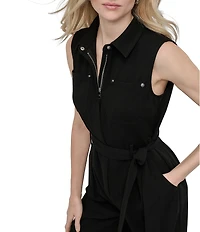 DKNY by Donna Karan Solid Scuba Crepe Collar Neck Sleeveless Cargo Jumpsuit