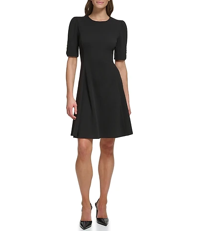 DKNY by Donna Karan Solid Scuba Crepe Crew neck Button Detail Fit & Flare Dress