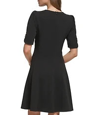 DKNY by Donna Karan Solid Scuba Crepe Crew neck Button Detail Fit & Flare Dress