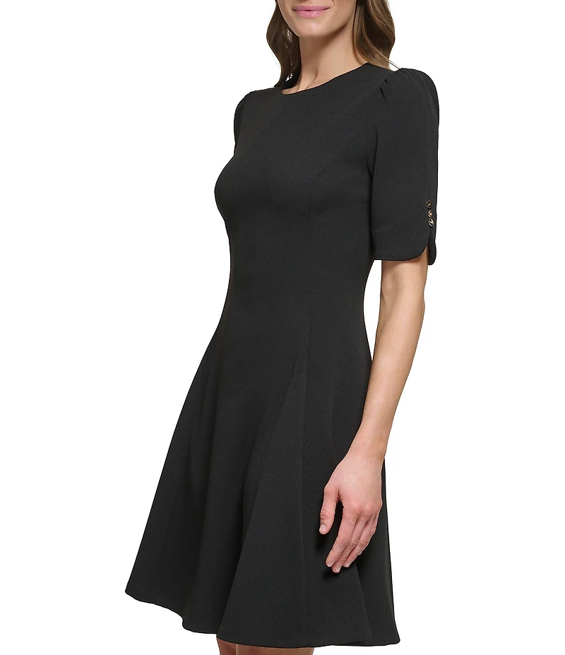 DKNY by Donna Karan Solid Scuba Crepe Crew neck Button Detail Fit & Flare Dress