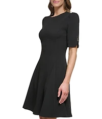 DKNY by Donna Karan Solid Scuba Crepe Crew neck Button Detail Fit & Flare Dress