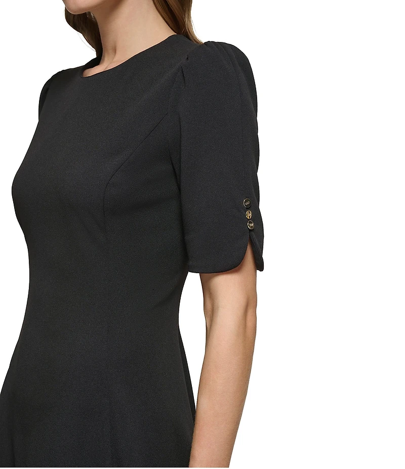 DKNY by Donna Karan Solid Scuba Crepe Crew neck Button Detail Fit & Flare Dress