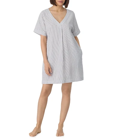 DKNY by Donna Karan Stripe Print Short Sleeve V-Neck Woven Seersucker Sleepshirt