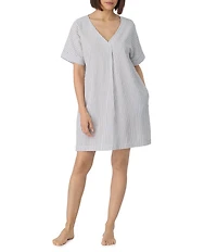 DKNY by Donna Karan Stripe Print Short Sleeve V-Neck Woven Seersucker Sleepshirt