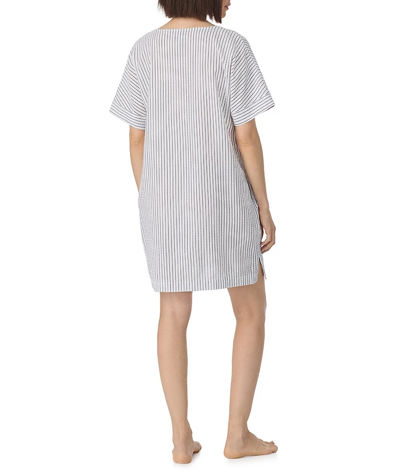 DKNY by Donna Karan Stripe Print Short Sleeve V-Neck Woven Seersucker Sleepshirt