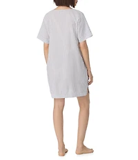DKNY by Donna Karan Stripe Print Short Sleeve V-Neck Woven Seersucker Sleepshirt