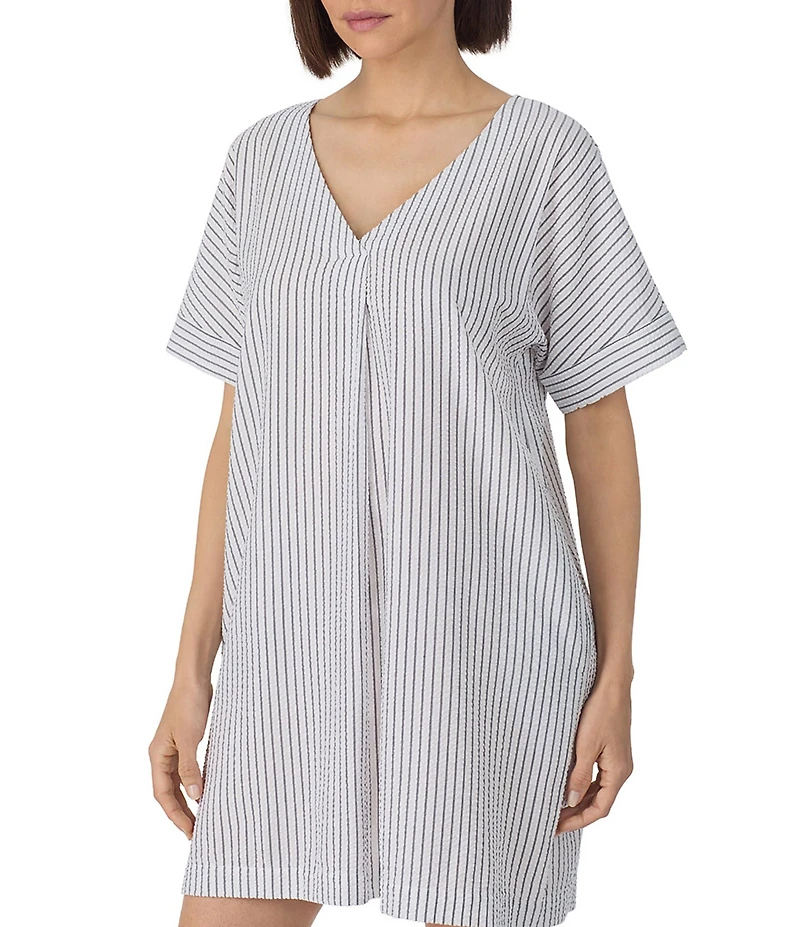 DKNY by Donna Karan Stripe Print Short Sleeve V-Neck Woven Seersucker Sleepshirt