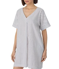 DKNY by Donna Karan Stripe Print Short Sleeve V-Neck Woven Seersucker Sleepshirt