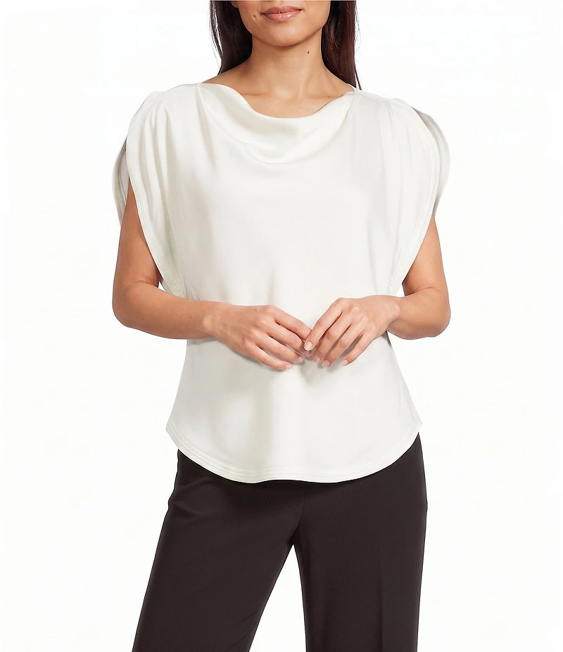 DKNY by Donna Karan Sueded Satin Cowl Neck Short Flutter Sleeve Blouse