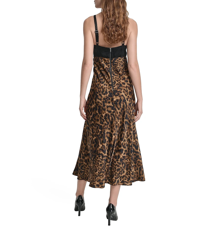 DKNY by Donna Karan Supple Satin Leopard Print V-Neck Sleeveless Midi Dress