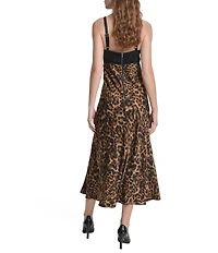 DKNY by Donna Karan Supple Satin Leopard Print V-Neck Sleeveless Midi Dress