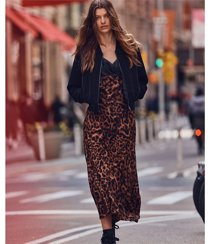 DKNY by Donna Karan Supple Satin Leopard Print V-Neck Sleeveless Midi Dress