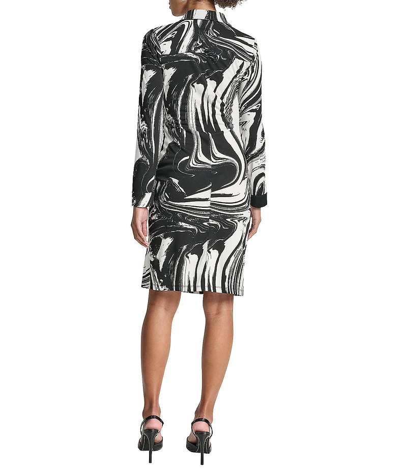 DKNY by Donna Karan Swirl Print Jersey Collared Long Sleeve Asymmetrical Button Front Dress