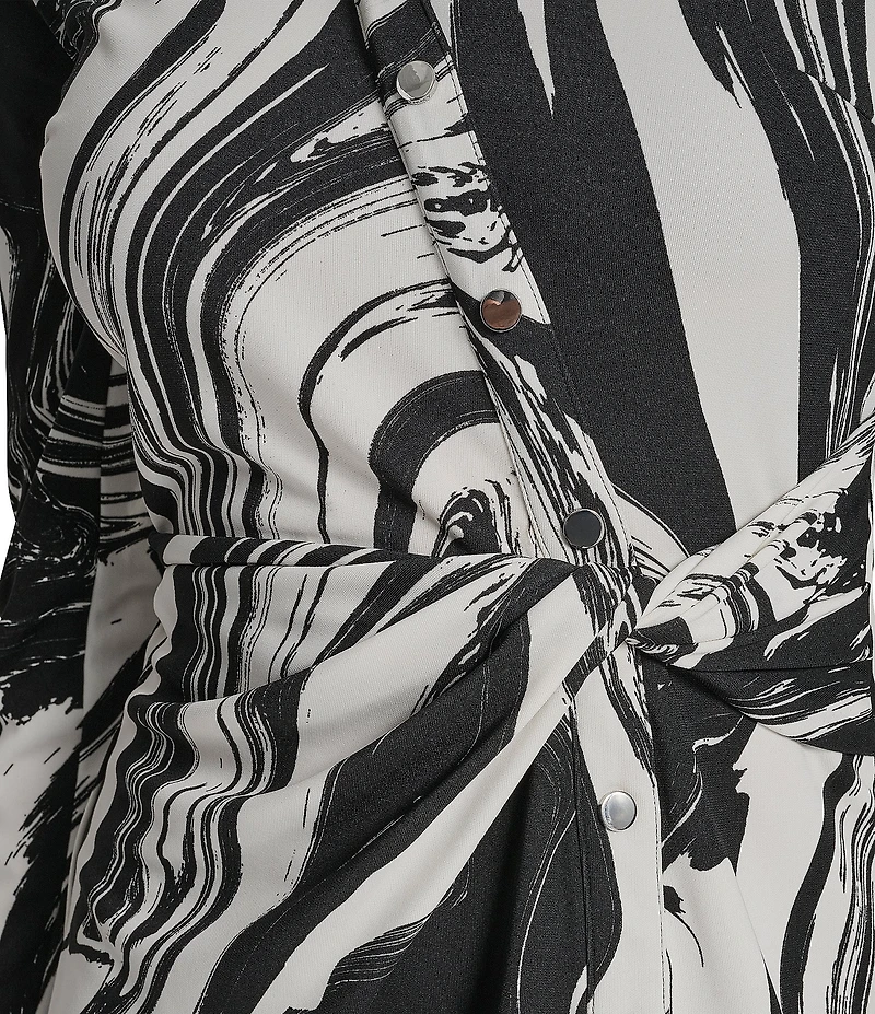 DKNY by Donna Karan Swirl Print Jersey Collared Long Sleeve Asymmetrical Button Front Dress