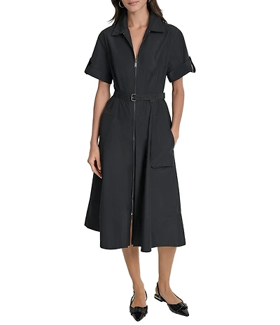 DKNY by Donna Karan Taffeta Zip Front Cargo Midi Dress