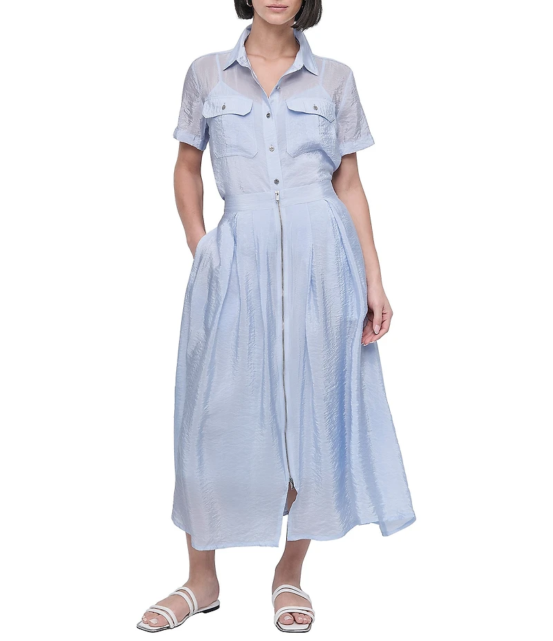 DKNY by Donna Karan Tech Poplin Zip Front A-Line Midi Skirt