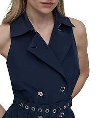 DKNY by Donna Karan Tech Taffeta Notch Collar Neck Sleeveless Belted Sheath Mini Dress