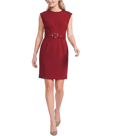 DKNY by Donna Karan Tech Tailoring Crew Neck Sleeveless Belted Sheath Dress