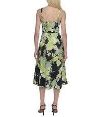 DKNY by Donna Karan Cotton Poplin Floral Sweetheart Neck Sleeveless Belted A-Line Midi Dress