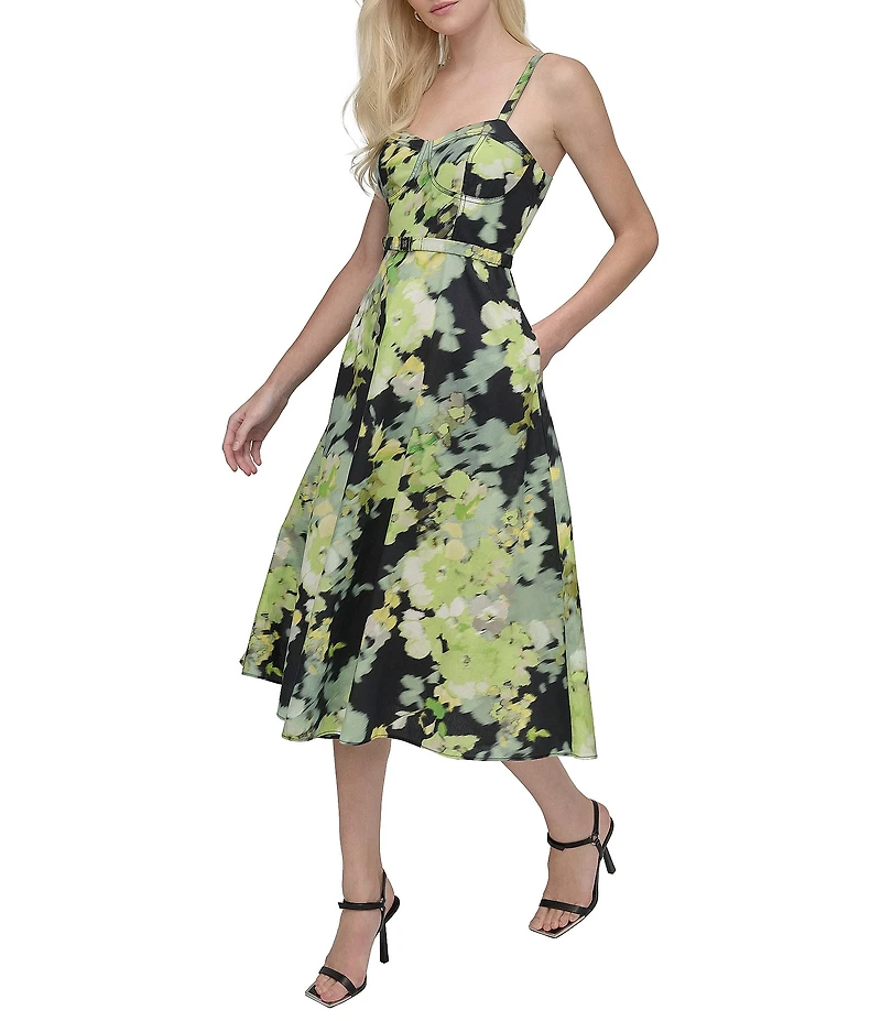 DKNY by Donna Karan Cotton Poplin Floral Sweetheart Neck Sleeveless Belted A-Line Midi Dress