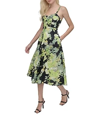 DKNY by Donna Karan Cotton Poplin Floral Sweetheart Neck Sleeveless Belted A-Line Midi Dress
