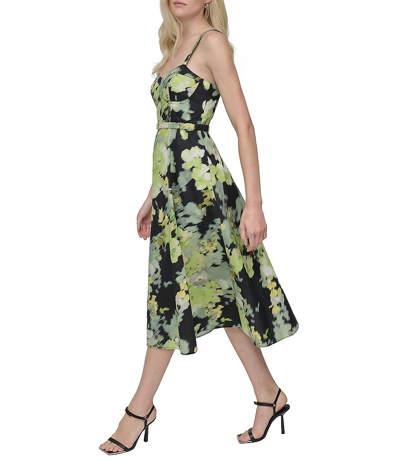 DKNY by Donna Karan Cotton Poplin Floral Sweetheart Neck Sleeveless Belted A-Line Midi Dress