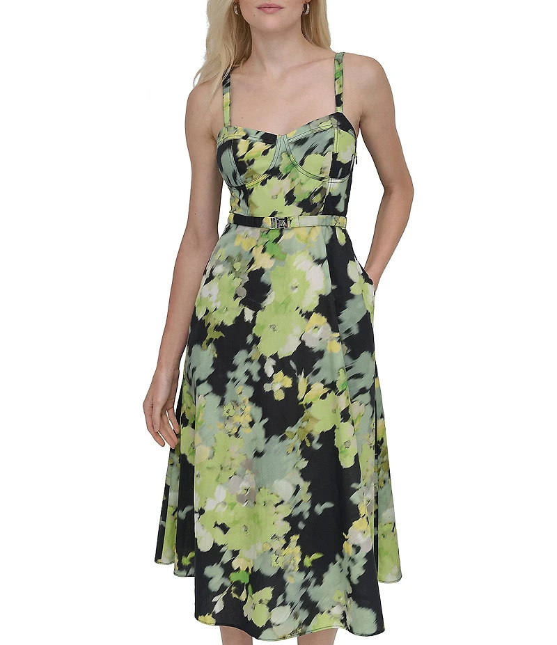 DKNY by Donna Karan Cotton Poplin Floral Sweetheart Neck Sleeveless Belted A-Line Midi Dress