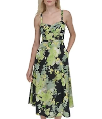 DKNY by Donna Karan Cotton Poplin Floral Sweetheart Neck Sleeveless Belted A-Line Midi Dress
