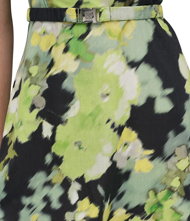 DKNY by Donna Karan Cotton Poplin Floral Sweetheart Neck Sleeveless Belted A-Line Midi Dress